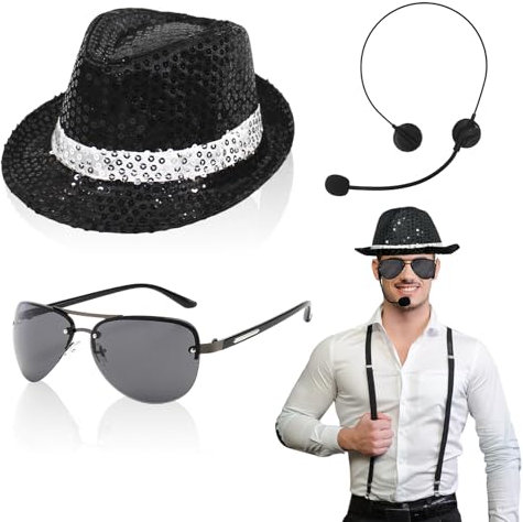TUONYIS 3pcs Costume Accessories Adults Dances Cosplay Costume, King of Pop Fancy Dress Set with Sequin Hat Head Microphone Sunglasses Sequin Gloves,1980’s Rocker Star Sequin Costumes. (3pcs)