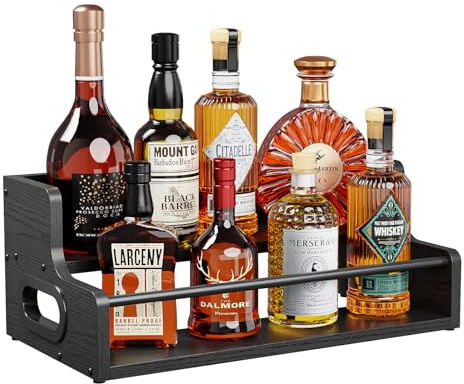 KLM 2-Tier Liquor Display Shelf, Coffee Syrup Rack with Metal Rod. | Wood Mini bar,Liquor Cabinet, Home Retro Bar Shelf Stand for Liquor Whiskey, Spirits.(Black)