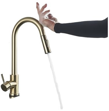 Faucet Smart Touch Kitchen Sensor Sensor Fregadero Tirador de Grifo de 360 Grados giratorios de Agua fría y Caliente Que Mezcla el Grifo (Oro Cepillado Negro) Water-Tap