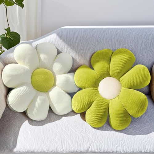 Lighterday Blumenkissen Grün und Weiß 38CM,Blumen Kissen Sitzkissen Outdoor Indoor,Blumen Couchkissen Stuhlkissen,Kissen Blume Kuschelkissen für Zimmer Deko Bedroom Stuhl Couch (Grün+ Weiß, 38cm)