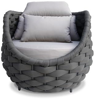 Erotr Terrassen-Akzentstuhl aus Aluminium: Seilstuhl für den Garten - Metall Armlehnsessel mit Kissen – Moderner Einzelstuhl Lounge Sessel für 180KG Deck Balkon Hof Hotel Pool, Dunkelgrau