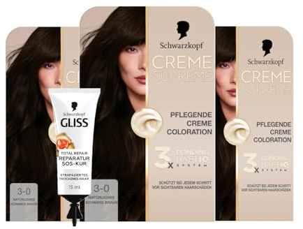 Schwarzkopf Creme Supreme Coloration 3-0 Natürliches Schwarz-Braun (3x182 ml), dauerhafte Haarfarbe & GLISS SOS-Intensiv-Kur Total Repair 15ml, natürlicher Glanz und Geschmeidigkeit