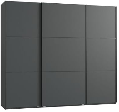 Schwebetürenschrank 3-türig B250/H216/T65 cm in Anthrazit mit schwarzen Griffleisten, inkl. Selbsteinzug, Kleiderschrank mit Einlegeböden, Kleiderstangen, Schubladen, Wäscheeinteilung / 22012