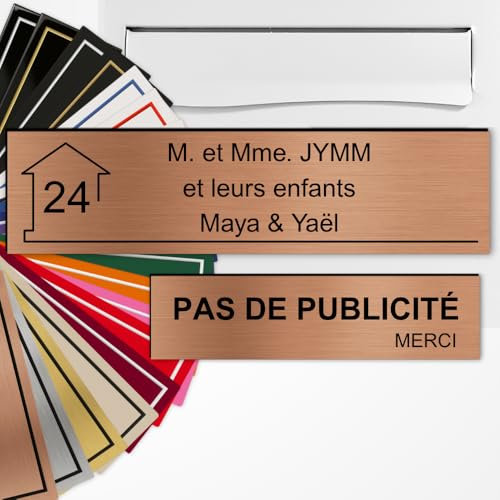 Plaque boîte aux lettres personnalisée 10x2,5cm adhésive + Plaque Pas de Publicité 8x2cm - Gravure Laser – 22 Couleurs – Avec ou Sans Motif (Cuivre brossé texte noir)