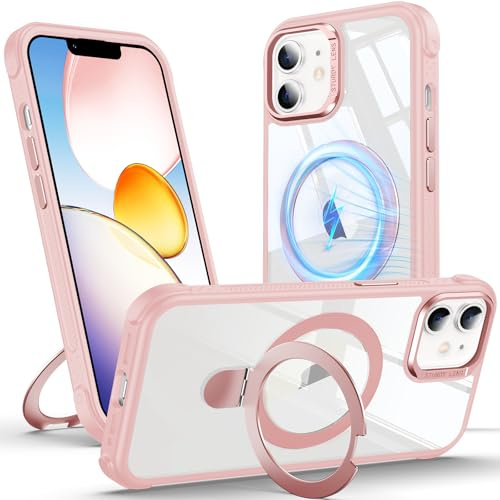 Anqrp O-Ring Magnetic KickStand Clear Case for iPhone 12/12 Pro, Compatible with Mag-Safe, Military-Grade Reinforced 4-Corners Anti-Yellowing Transparent Phone Case Cover for iPhone 12/12 Pro, Pink