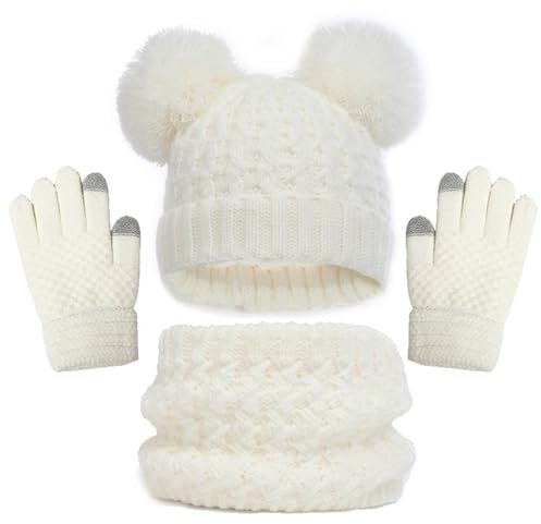 Generisch ~ Ensemble bonnet d'hiver, gants, écharpe, ensemble de bonnets pour fille en bas âge avec pompon en tricot cache-cou, guêtre, moufles doublées en polaire, ensemble 2025, Blanc., 1-6 ans