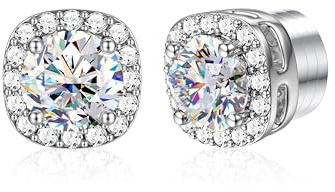 GEMQUEEN Moissanite Magnetic Earrings for Women Men Hypoallergenic, 1CT | 18K White Gold Plated Stainless Steel Non Piercing Clip on Fake Earrings Studs Square Halo Diamonique Earring D Color VVS1