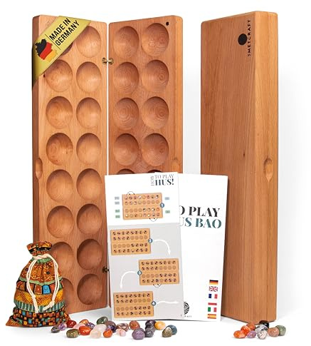 Hus Bao Classic | Steinchenspiel | Mancala | Kalaha Spiel | Premium Edelsteinspiel aus Massivholz in Deutschland hergestellt | natürliche Edelsteine, bunter Beutel und visuelle Anleitung