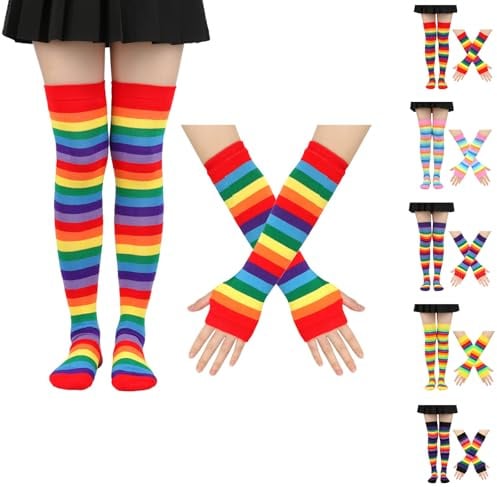 Betrynidil Gestreifte Lange Strickhandschuhe Mit Armstulpen & Fingerlosen Handschuhen - Party-Kostüm-Zubehör, Party-Kostüm Zubehör, Mit Bunten Strümpfen (A)