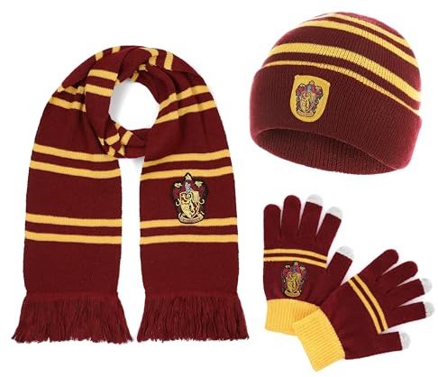 Harry Potter Offizieller Gryffindor Schal, Mütze und Handschuhe - Accessoire Set für Damen und Kinder - Hogwarts Geschenk und Kostüm Zubehör