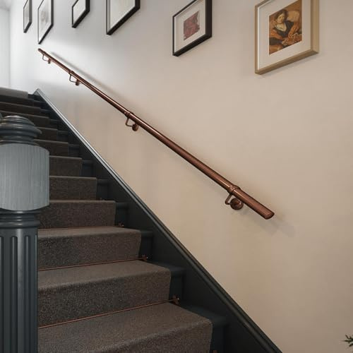 Forgeworks Staircase Handrail Kit 3.6m, Steel, Antique Copper | Includes wall brackets, screws, wall plugs and guide for easy assembly without drilling the rails; provides indoor support.