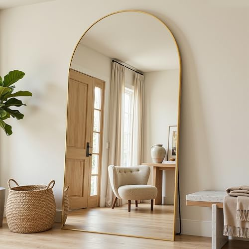 Antok 193x112cm Großer Ganzkörperspiegel, Gewölbter Standspiegel, Bruchsicheres Glas, Bodenspiegel für Wohnzimmer, Ankleide, Lehnende, Wandmontage, Sichere Verpackung, Gold