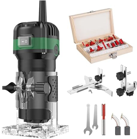 800W Oberfräse Holz Elektro Kantenfräse, 6-Gang Variable Geschwindigkeit 33000U/min Einhandfräse, 6,35mm Spannzange Holzfräse 15-teiligem Fräser-Set in Holzbox, Präzisions-Trimmer für Holzbearbeitung