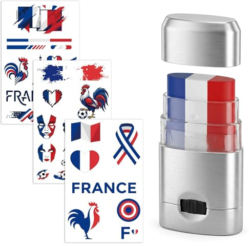 Kit Maquillage Supporter France - 1 Stick Peinture Visage Tricolore Bleu Blanc Rouge + 3 Planches de Tatouages Éphémères Drapeau Français pour Football, Rugby et Événements Sportifs