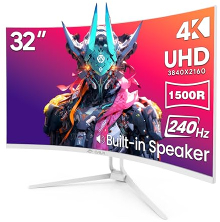 CRUA - 32 Curved Gaming Monitor, 4K UHD 3840x2160, VA 240Hz Display, 1500R, AMD FreeSync, 120% sRGB, Built-in Speakers, HDMI 2.1 & DP 1.4, White Wall PC Monitor for Gaming, Streaming