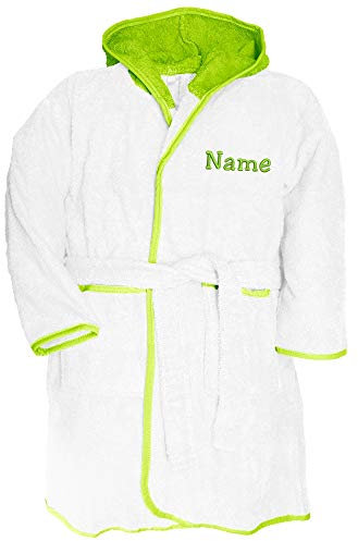 Nashville print factory Babybademantel Baby Bademantel mit Kapuze | mit Namen bestickt | weich und saugstark (80/92, White/Lime Green (Weiß/Hellgrün))