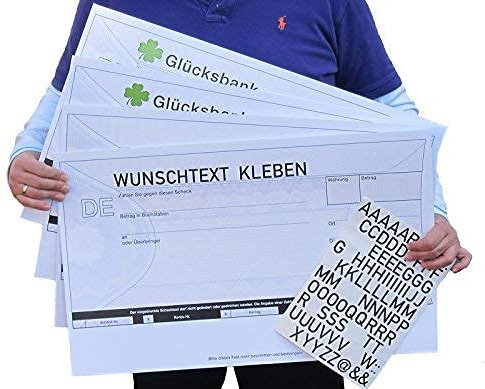 4 Stück XXL PR- Schecks 69 x 52 cm Spendenscheck Dekoscheck Europascheck mit 2,5cm KLEBEBUCHSTABEN SCHECK