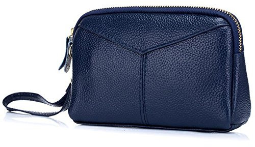 AprinCtempsD Damen Clutch Echt Leder Tasche mit Handschlaufe Elegante Geldbörse Geldbeutel mit Reißverschluss (Blau)