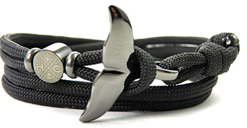 HanseCharms - Edelstahl Walflossen Armband - Schickes Maritimes Surfer Armband-aus Paracord Typ III-Verstellbar-Edelstahl Walflosse-Freundschaftsarmband-Geschenk-Schwarz