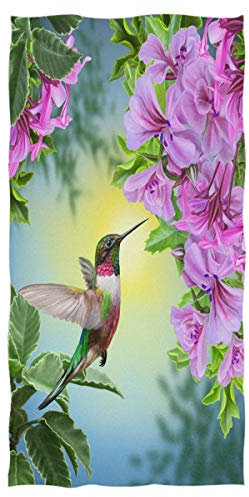 Wamika Violette Blumen-Handtücher, ultraweiches Handtuch, kleiner Vogel, Kolibri, saugfähig, Handtuch, Gäste-Badetücher, Waschlappen, Mehrzweck, für Hand, Gesicht, Fitnessstudio, Spa, 40,6 x 76,2 cm