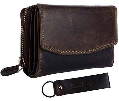 Chunkyrayan Echtleder Damen Geldbörse Hochwertig Vintage RFID Schutz inklusive Leder Schlüsselanhänger GB-6 Brown Madrid