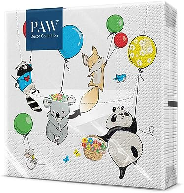 PAW - Servietten 3-lagig (33 x 33 cm) I 20 Stück I Perfekt für Kindergeburtstage, Partys, Kommunion und Feiern I Papierservietten Bunt mit Party Motiv I Tiere, Luftballons, Party - Animals Party