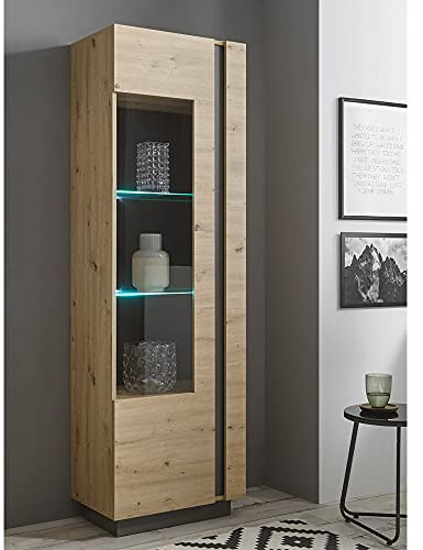 Lomadox Vitrinenschrank mit Beleuchtung in Eiche Artisan Nb. mit Absetzungen in Graphit grau, B/H/T: ca. 60/194/40 cm