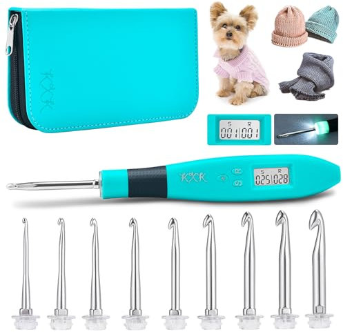KXK Zählhäkelnadel-Set, ergonomische Häkelnadeln mit LED und digitalem Stichzähler, Häkelset mit 9 austauschbaren Aluminiumhäkeln in Größen 2,5 mm - 6,5 mm, grün