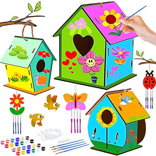 Frasheng 3 Stück DIY Vogelhaus Bausatz Kinder aus Holz,DIY Vogelhaus Kit für Kinder,mit Pigment,Kleine Handgemacht Vogelhaus Holz Kreative Bastelsets,Geschenk für Kinder Geburtstag Kinder