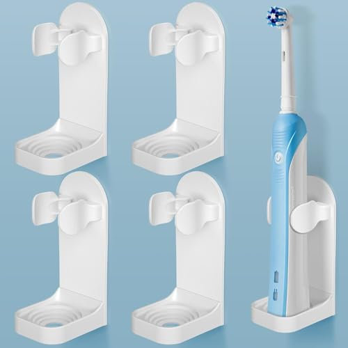 HOMMAND Electric Toothbrush Holder 4 Packs, Upgraded Strong Adhesive Electric Toothbrush Holder Wall Mounted, Adjustable Electric Toothbrush Stand Toothbrush Organizer for Bathroom (Universal), White
