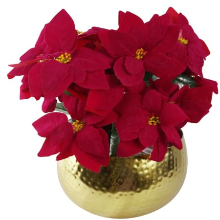 Leaf Artificial Christmas Xmas Red Poinsettia 40cm Houseplant in Pot, Silk, Large Gold Curved Edge