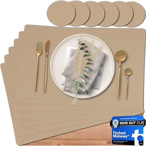 Mahewa® 6er Set Premium Tischset aus Kunstleder - Platzset abwaschbar und wasserdicht - Platzdeckchen Telleruntersetzer in Lederoptik (Hellbraun, Eckig)