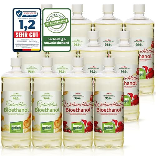 KieselGreen Bioethanol 12 x 1 Liter Sets (6X Geruchlos + 6X Duft) für Ethanol-Kamin - Bio Ethanol als Raumduft, viele Duftnoten (6X Geruchlos + 6X Weihnachtsduft)