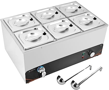 DULNICE Scaldavivande Elettrico bagnomaria Bain Marie Professionale, pomello in Metallo, Acciaio Inossidabile per Buffet con 6X 1/6 Pentole con coperchi, con 2 Cucchiaio da Minestra, con Rubinetto