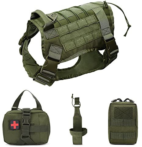 Hundegeschirr mit MOLLE System - ALLSOPETS Geschirr für Mittel- und Große Hunde mit Wasserflaschentasche Erste-Hilfe-Tasche und Mehrzwecktasche (Grün, M)