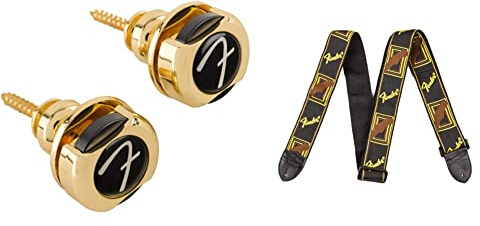 Fender Infinity Strap Locks - 360° Rotation - Gold, 0990818649 & Guitar Strap Monogrammed 2'' Black/Yellow/Brown