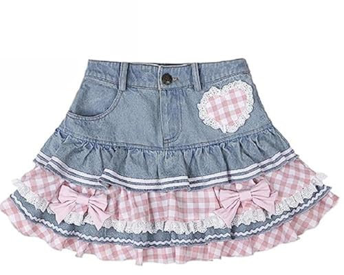 Adrette Lolita-Kawaii-Röcke für Damen, süßes Ballkleid, Jeansrock, Y2K, hohe Taille, Spitzen-Kuchenröcke, Blau, Klein