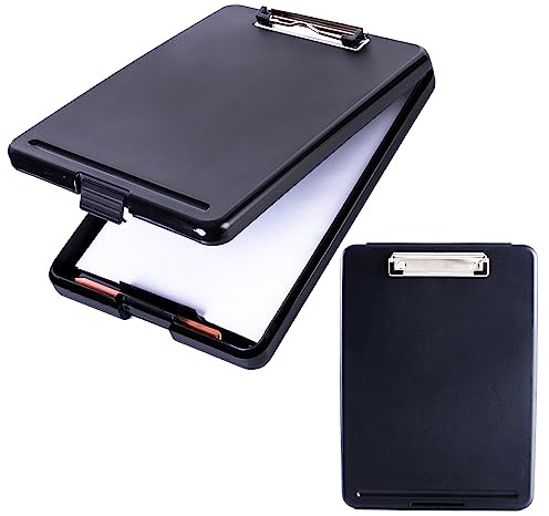 Plastic Storage Clipboard - 8.5x11 Nurse Clip Board with Waterproof Compartment, Heavy Duty Case Box for Letter Sized Paper (Black)