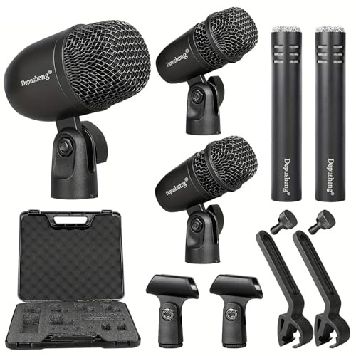 Depusheng Set di 5 microfoni dinamici cablati (tutto in metallo), per calci bassi, rullanti e piatti, per batteria, voce, altri strumenti, con clip per filettatura, cavi audio 7 sul palco