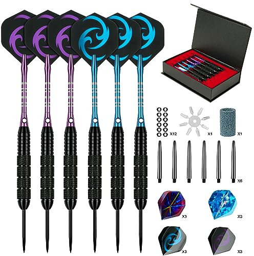 flintronic Dartpfeile, 6 Stück 24 Gramm Steel Darts Pfeile Set, Aluminium Darts Schäfte, 6 Edelstahlpfeile, 6 PVC-Schäfte, 12 O-Ringen, 12 Poly-Standard-Flights, Dartspitzer, Flugschutz, Geschenkbox