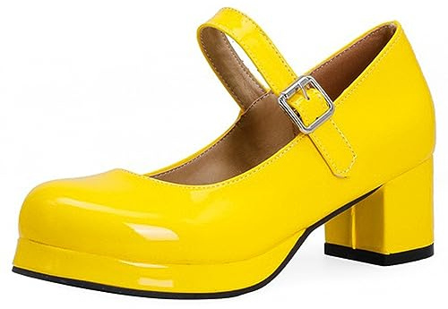 Frauen mittlere Absätze Lolita Schuhe Riemen Mary-Janes Schuhe Mädchen Heels Pumps Party Tanzschuhe Damen,Gelb,41 EU