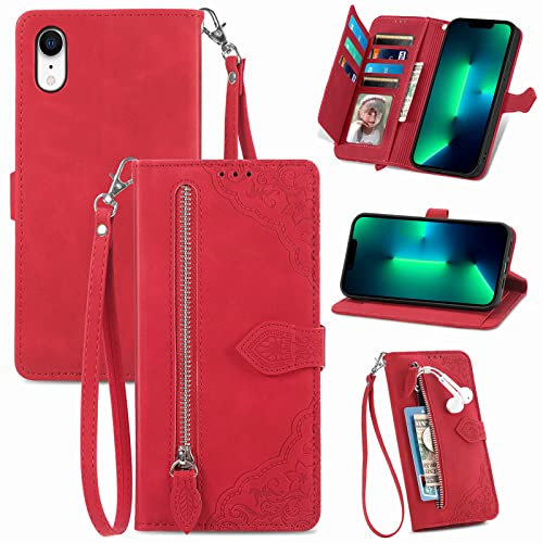 JayModCase Handyhülle für iPhone XR (6,1 Zoll), PU Leder Magnetverschluss Handytasche, mit Reißverschlusstasche Ständer Kartenfächer Hülle Kompatibel mit iPhone XR - Rot