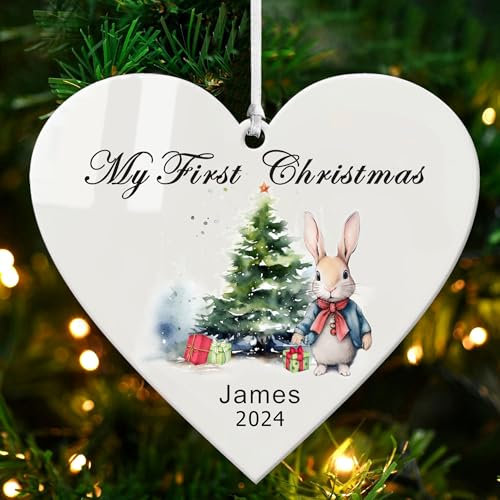 EDSG Personalised Baby's First Christmas Baubles Gifts Christmas Tree Decorations Custom White Acrylic Christmas Ornaments Xmas Gifts for Kids Girls Boys Toddler New Baby(Heart, Design 1)