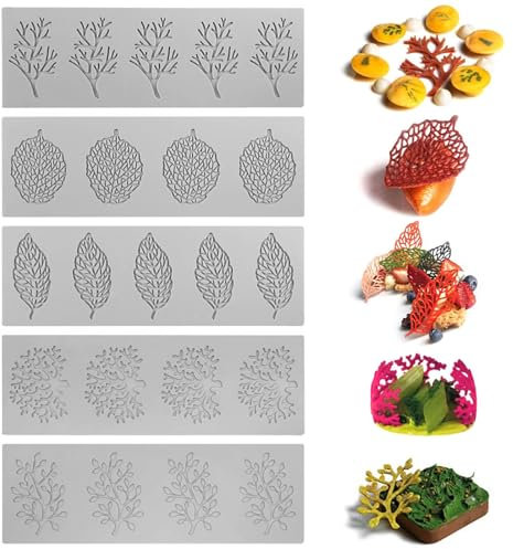 RUNQIN 5 Stück Blätter Silikonform,Leichtes Lösen Und Reinigen, 3D Fondant Mould Deko Form DIY Werkzeug, Zartes Formen Für Backen, Harz, Fudge, Kuchen, Schokolade, Zucker Handwerk, Dessert Dekoration