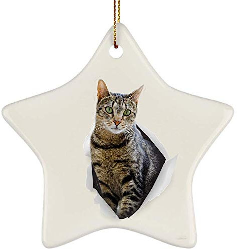 Christbaumschmuck Keramik Christbaumschmuck Anhänger Mit Hanfseil Hängende Ornamente Lustige Getigerte Schwarze Katze, Die Aus Einer Rissigen Wand Kommt