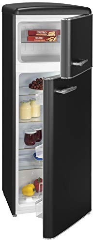 Exquisit® Frigorífico Combi Retro 206L, Negro Mate, Clase E, Congelador 4 Estrellas, Tiradores Metálicos Vintage, Estantes de Cristal, Cajón Verdulero, Medidas (146,5 x 54,5 x 57,5 cm)