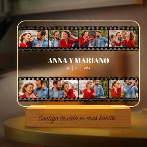 Transparent Gift Lámpara Personalizada Carrete 8 Fotos Amor. Luz LED para mesita de noche. Regalos Originales para Parejas, Novios. Regalos personalizados fotos y frase para San Valentín y Aniversario