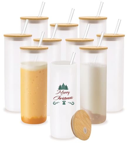 YOUKE OLA 10 Stück Sublimationsgläser aus geradem Glas, mattiert, mit Bambusdeckel und Glasstrohhalm, Becher für Becher, Hitzepresse, 750 ml