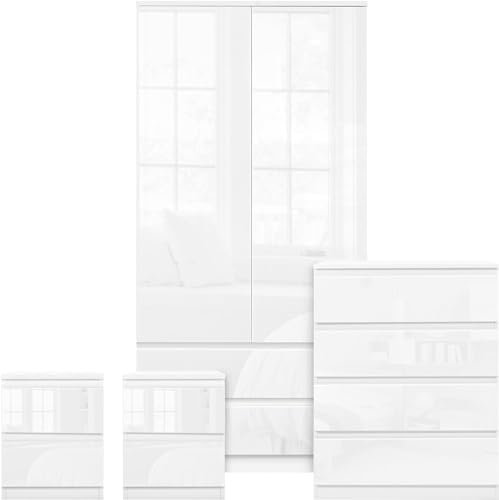 Blisswood High Gloss Bedroom Wardrobes sets with 2 Door Wardrobe 4 Drawer Chest of Drawers 2x Bedside Cabinets Bedroom Set for 4 Piece Bedroom Storage furniture Set, White