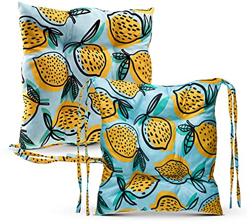 2er-Set Stuhlkissen mit Bändern 40x40 cm mit Zitrone Druck - Sitzkissen für Garten und Haus, mit Urlaubsdesign - gestepptes, buntes Stuhlauflage für Gartenstuhl, Outdoor Küche, Esszimmerstuhl